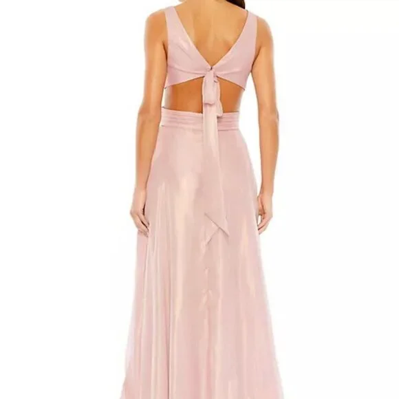 Mac Duggal Rose Gold Metallic Cascade Detail Cut Out A-Line Gown Prom